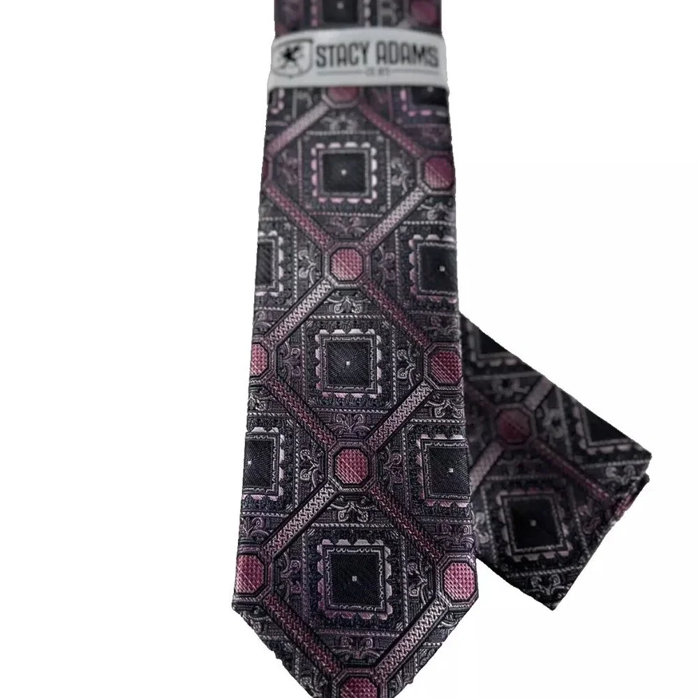 Stacy Adams Men's Tie Hanky Pink Black Charcoal Gray Diamond Handmade 3.25